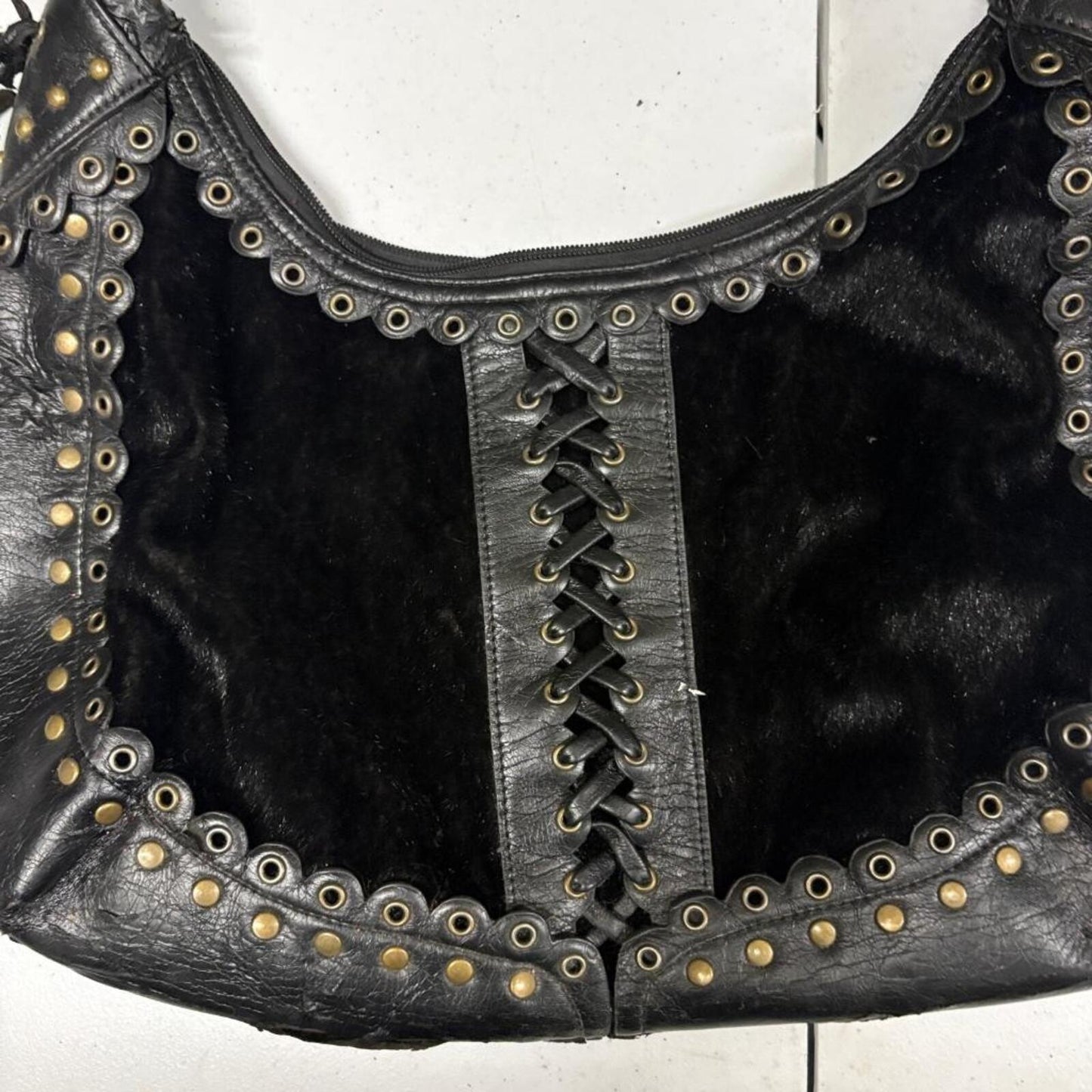 Vintage Black Faux Leather Hobo Bag Studded Grommet Lace Up Fringe Punk Goth