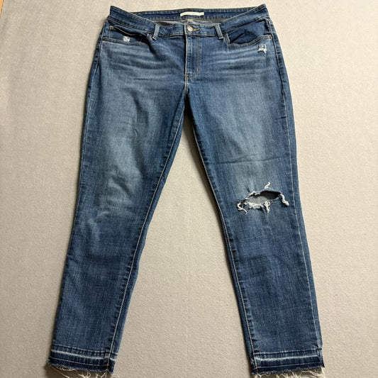 Levis 711 Skinny Ankle Jeans Womens 33 Distressed Ripped Knee Frayed Hem Blue