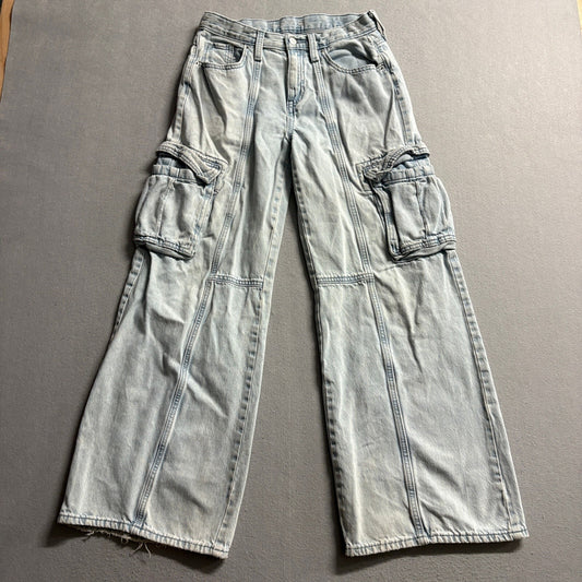 Old Navy Womens High Rise Baggy Cargo Jeans Light Wash Blue Denim Size 16 Wide