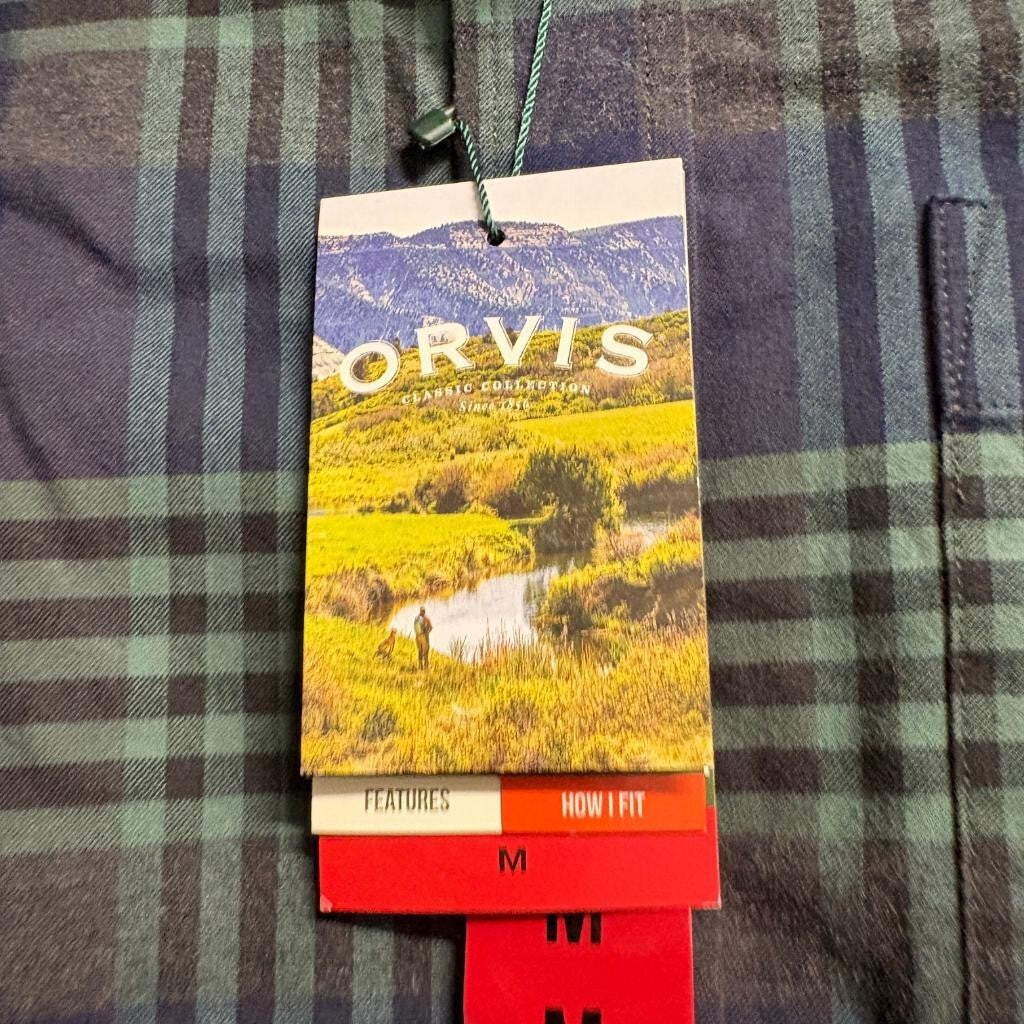 Orvis Flannel Shirt Mens Medium Green Blue Plaid Long Sleeve Button Down New
