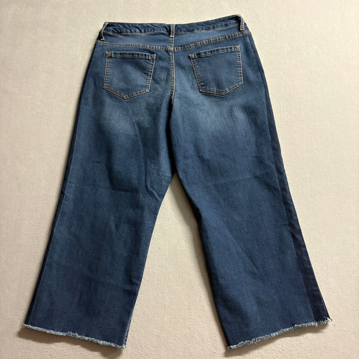 Lori Goldstein LOGO Wide Leg Jeans Womens 14 Blue Denim Raw Hem Tuxedo Stripe