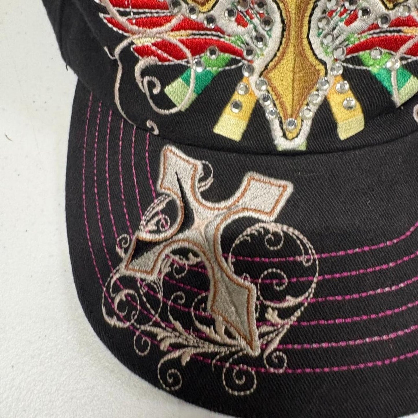 Classic Jolly Roger Womens Cross Rhinestone Baseball Cap Hat Black Adjustable