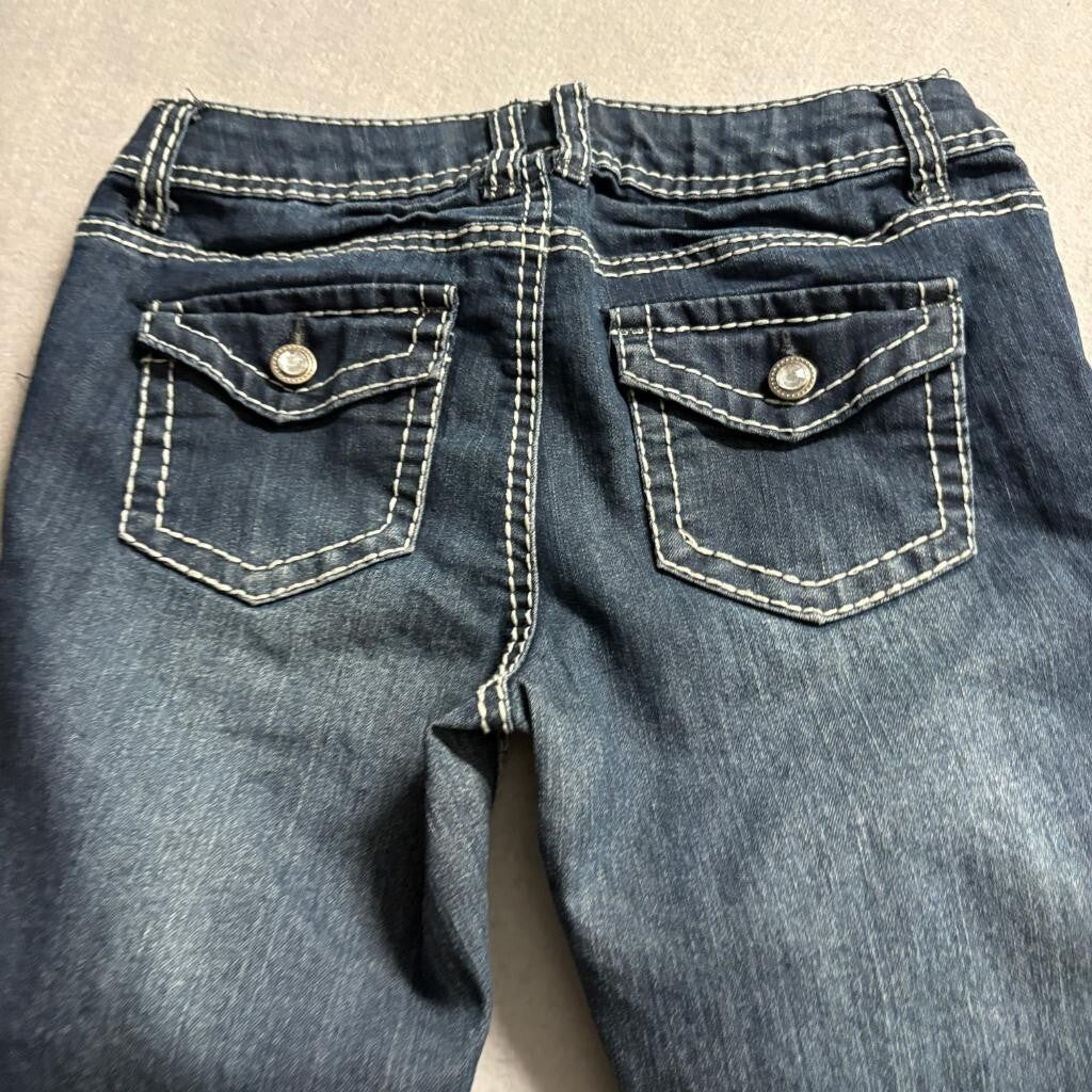Cherokee Girls Bootcut Jeans Size 14 Dark Wash Thick Stitch Rhinestone Button