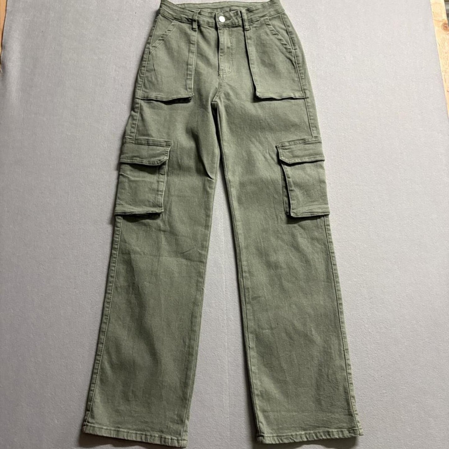 Unbranded Womens Olive Green Cargo Pant High Rise Wide Leg Utility Size XS 27x32