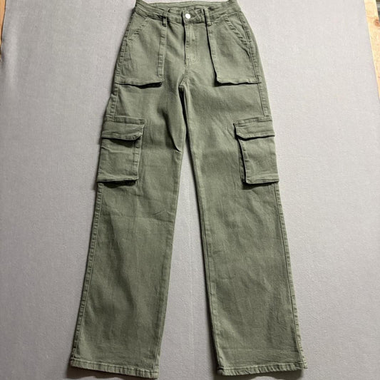 Unbranded Womens Olive Green Cargo Pant High Rise Wide Leg Utility Size XS 27x32