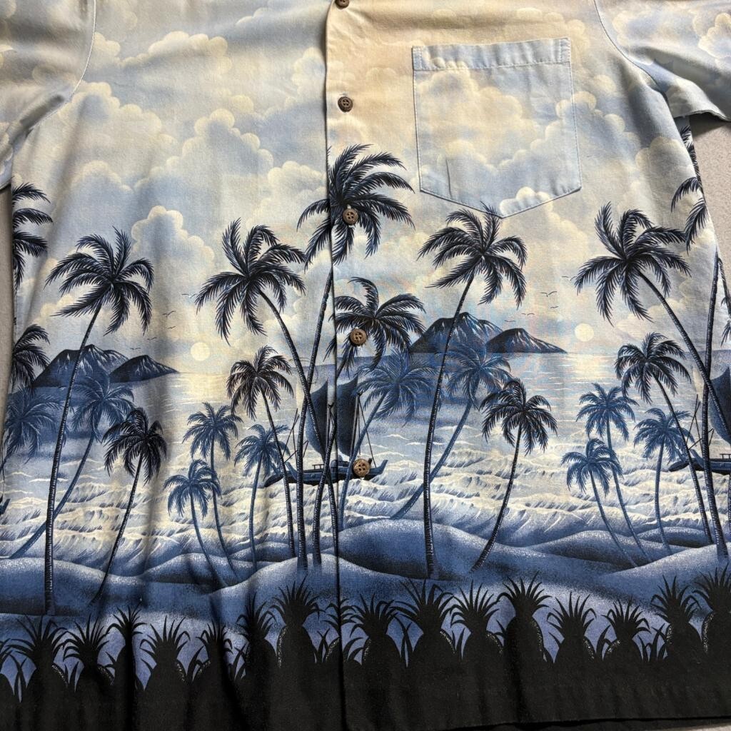 RJC Hawaiian Shirt Mens Medium Blue Clouds Palm Trees Sailboat Made in USA