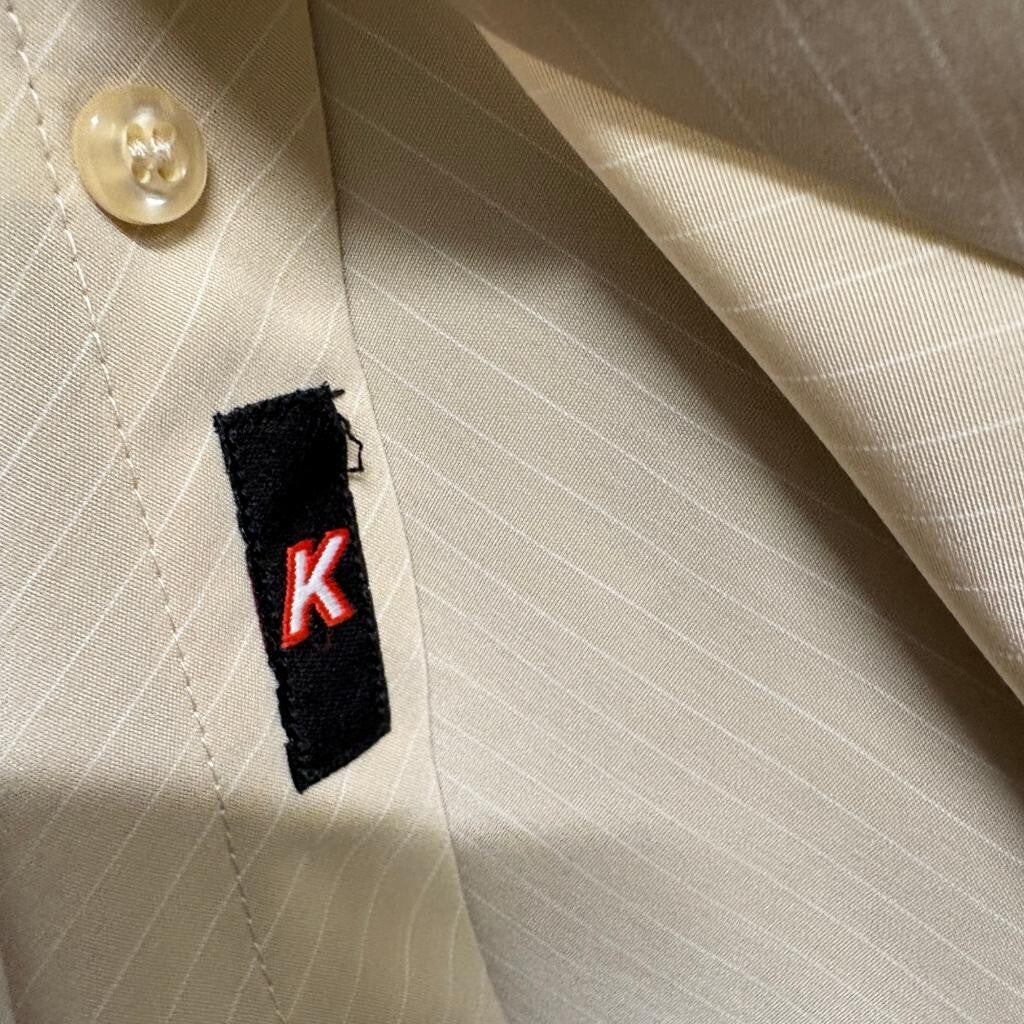 Kenpo Mens Medium Short Sleeve Button Up Shirt Beige Striped Polyester Casual