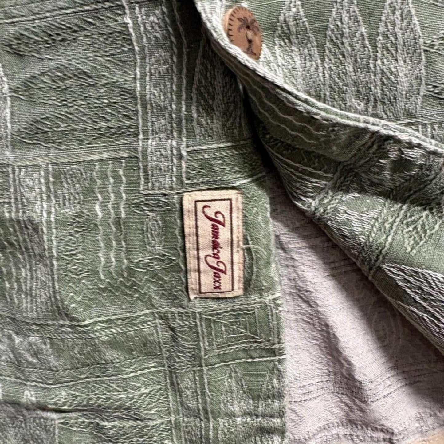 Jamaica Jaxx Mens Medium Green 100% Silk Jacquard Hawaiian Camp Shirt Surfboards