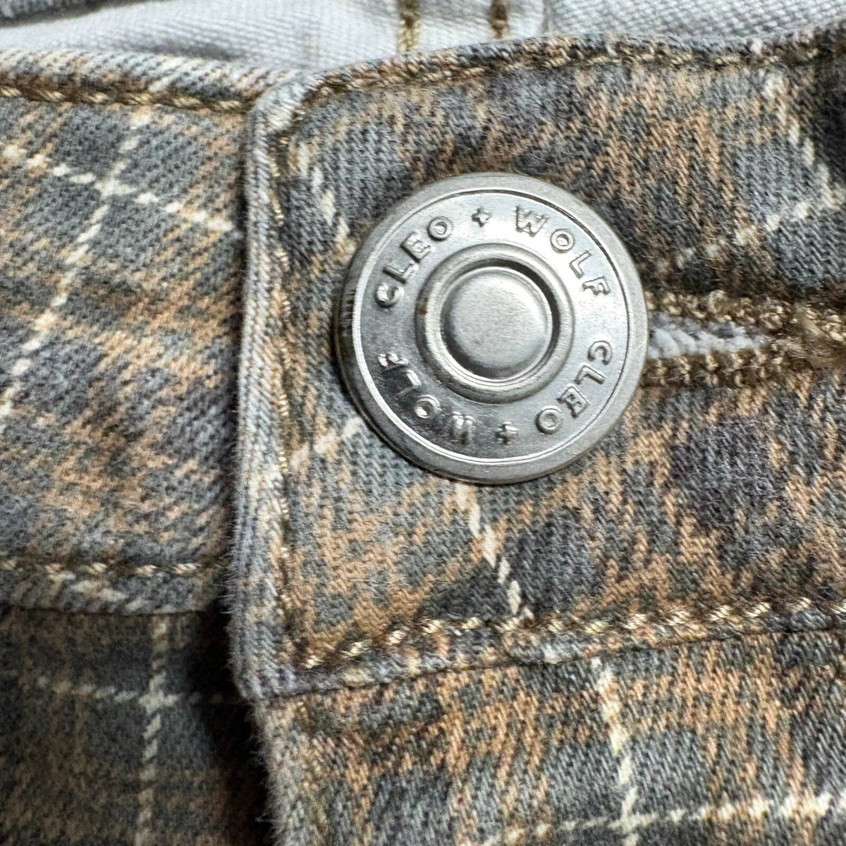 Cleo and Wolf Plaid Jeans Womens 33 Brown Ultra High Rise Kick Flare Stretch