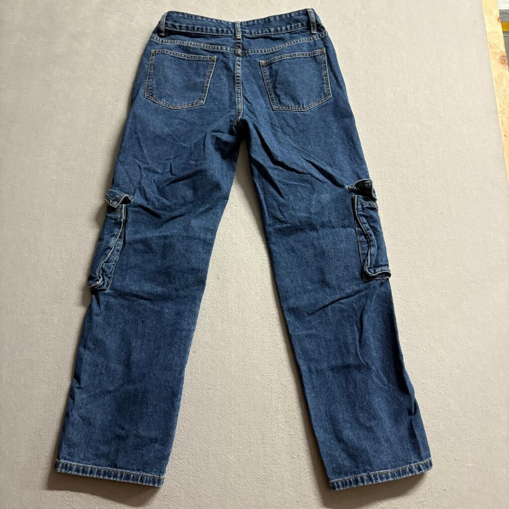 SHEIN Womens Cargo Jeans Size W28 L32 Blue Denim High Rise Wide Leg Utility