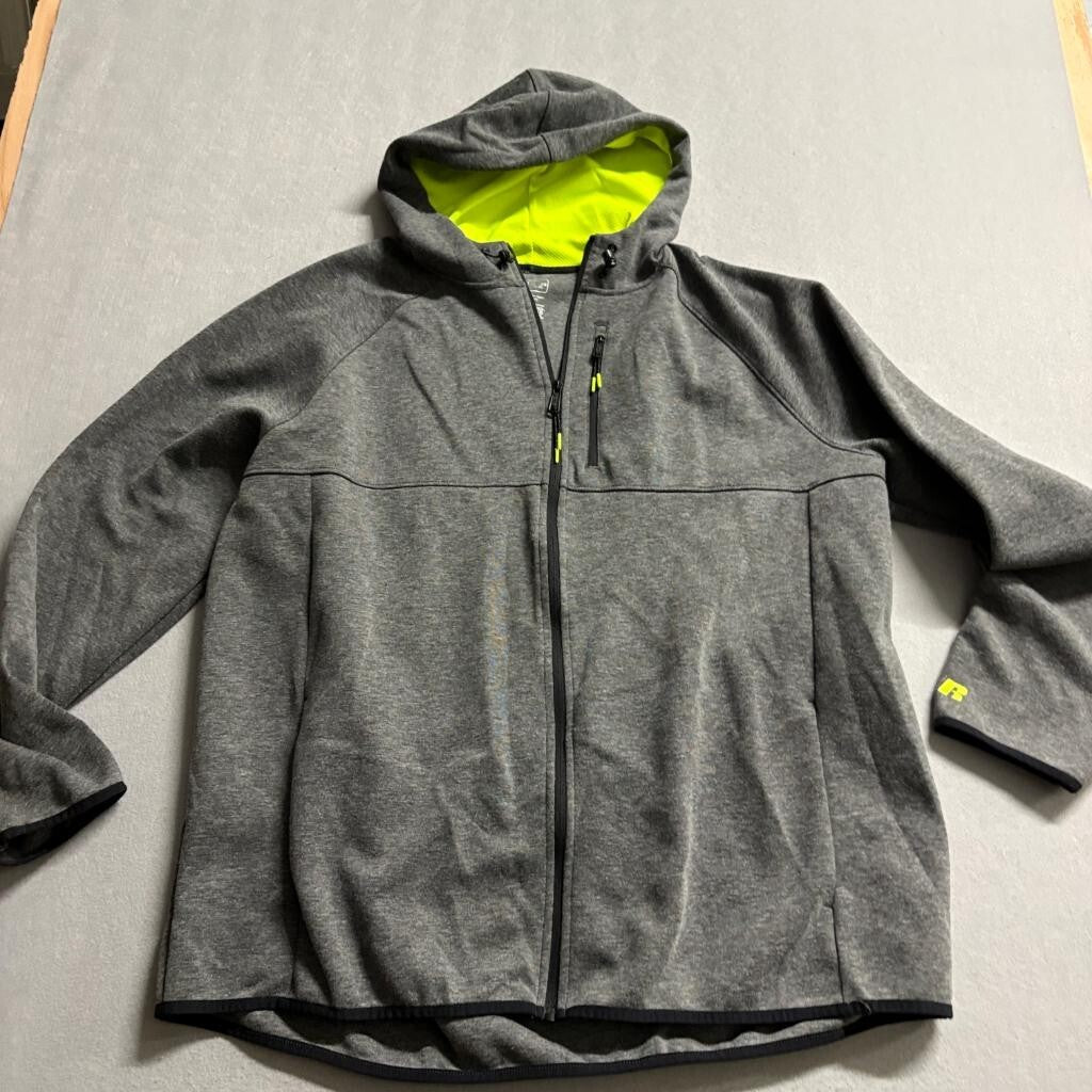 Russell Athletic Hoodie Mens 2XL Gray Neon Green Full Zip Hooded Sweatshirt