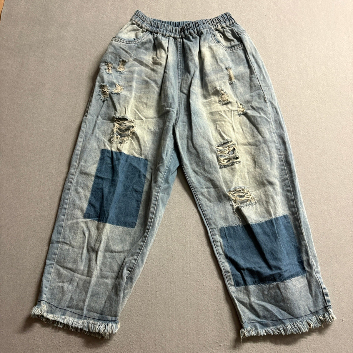 Unbranded Distressed Patchwork Jeans Womens M Blue Denim Elastic Waist Fringed