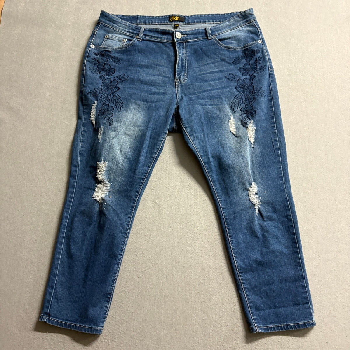 Dkin Jeans Womens 20W Blue Distressed Embroidered Floral Cropped Skinny Stretch