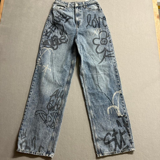 H&M Divided Graffiti Print Jeans Womens Size 2 Blue Acid Wash High Rise Denim