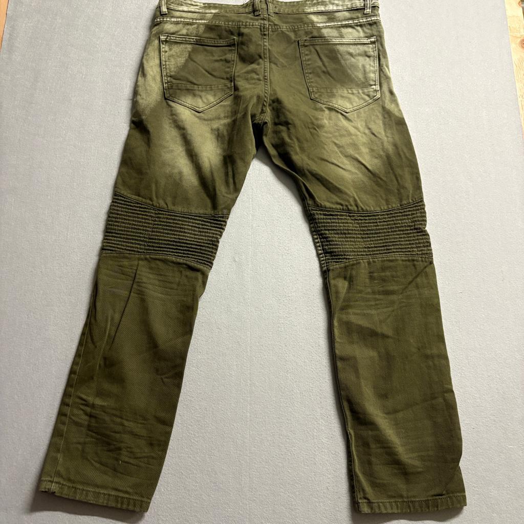 Smoke Rise Mens Moto Biker Jeans Olive Green Distressed Ribbed Size 40x32