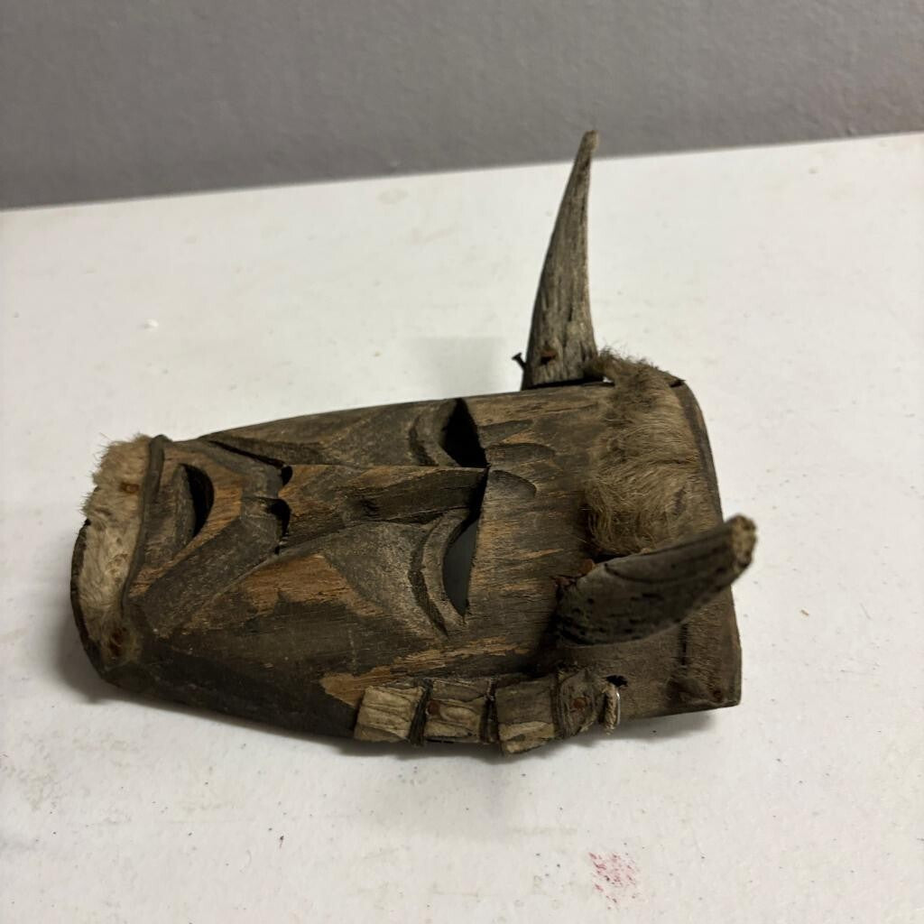 Vintage Hand Carved Wooden Horned Mask Folk Art Tribal Style Fur Accents 8 Inch