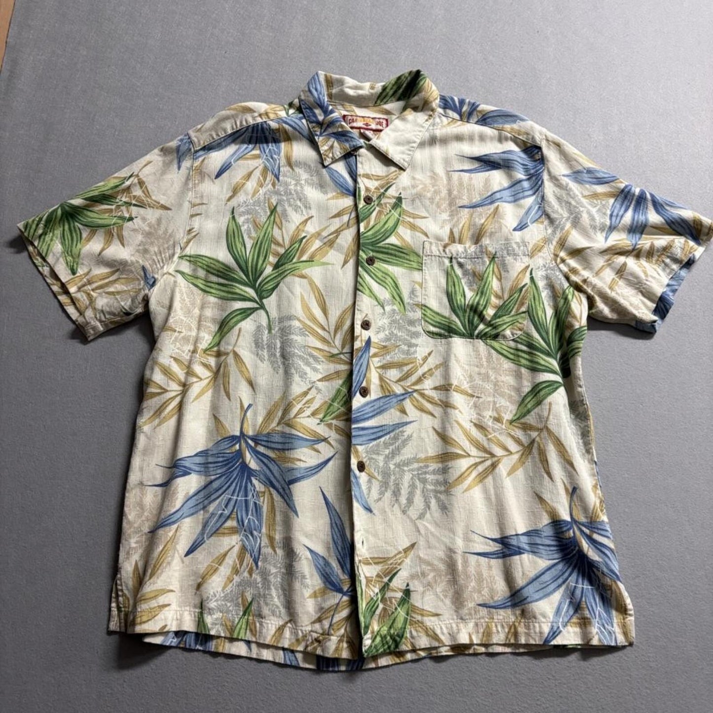 Caribbean Joe Hawaiian Shirt Mens XXL Beige Rayon Tropical Leaf Camp Button Up