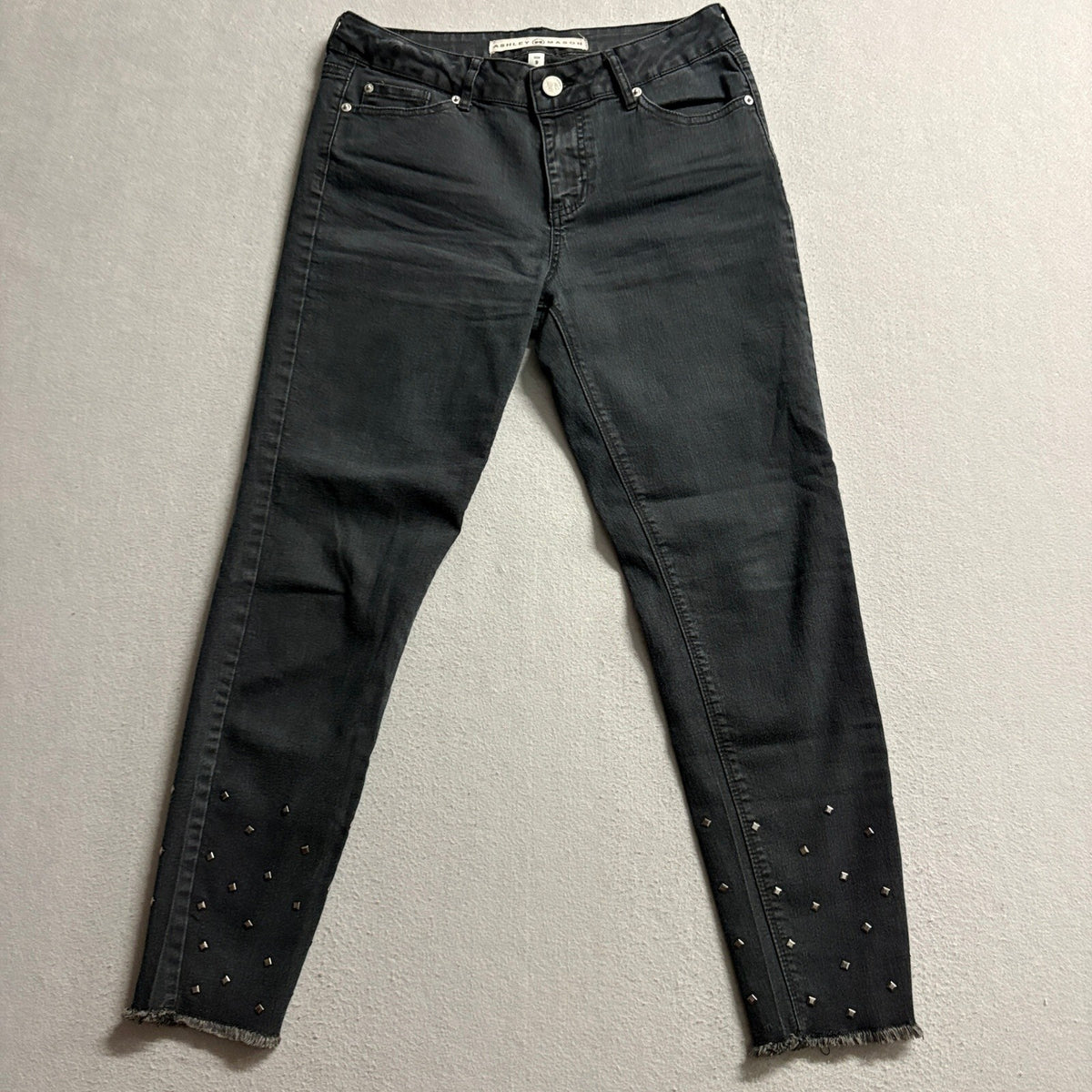 Ashley Mason Womens Studded Frayed Hem Ankle Jeans Black Size 9 Stretch Denim
