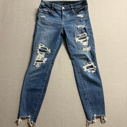 American Eagle Curvy High Rise Jegging Womens Size 8 Blue Distressed Jeans