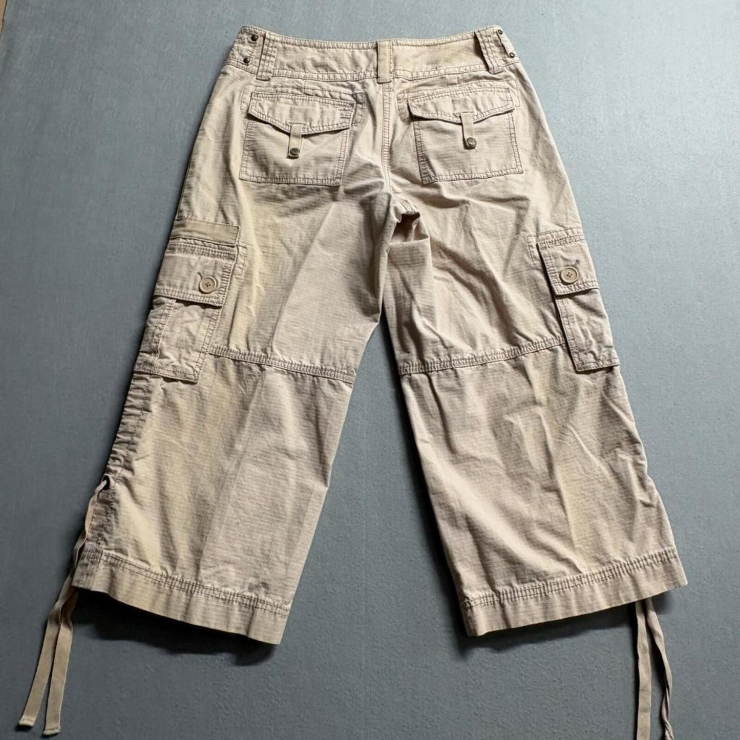 Cabi Womens Cargo Capri Pants Size 8 Tan Beige Cotton Ripstop Drawstring Hem