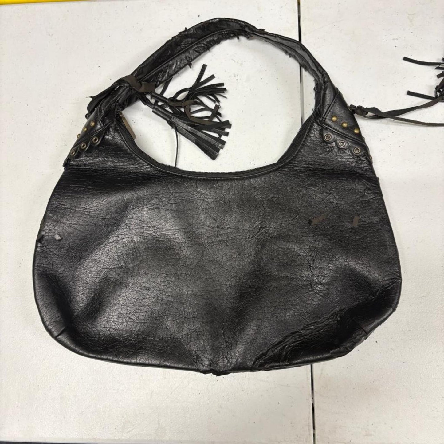 Vintage Black Faux Leather Hobo Bag Studded Grommet Lace Up Fringe Punk Goth