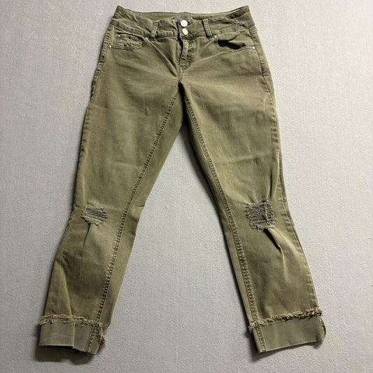Refuge Olive Green Distressed Skinny Jeans Womens Size 2 Raw Hem Cropped Stretch