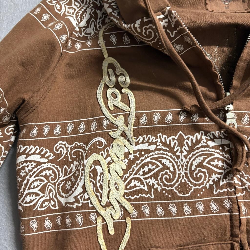 Ed Hardy Hoodie Womens Medium Brown Paisley Bandana Tiger Full Zip Sweatshirt
