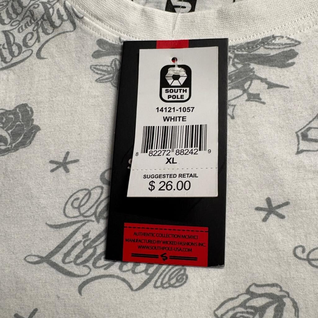 Southpole T-Shirt Mens XL White All Over Print Skull Tattoo Graphic Y2K New