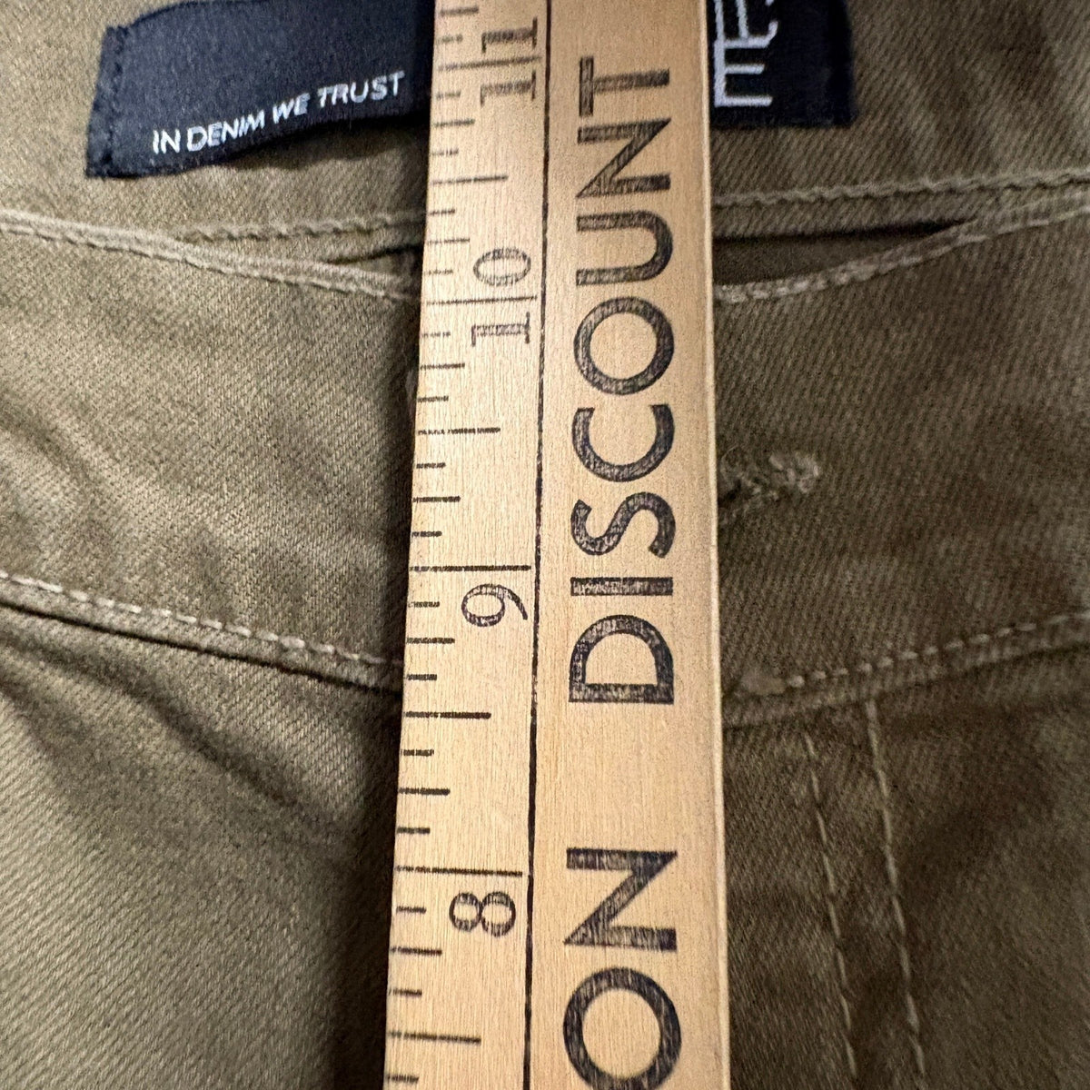Rustic Dime Mens 34 Olive Green Distressed Taper Fit Jeans Made in USA Stretch