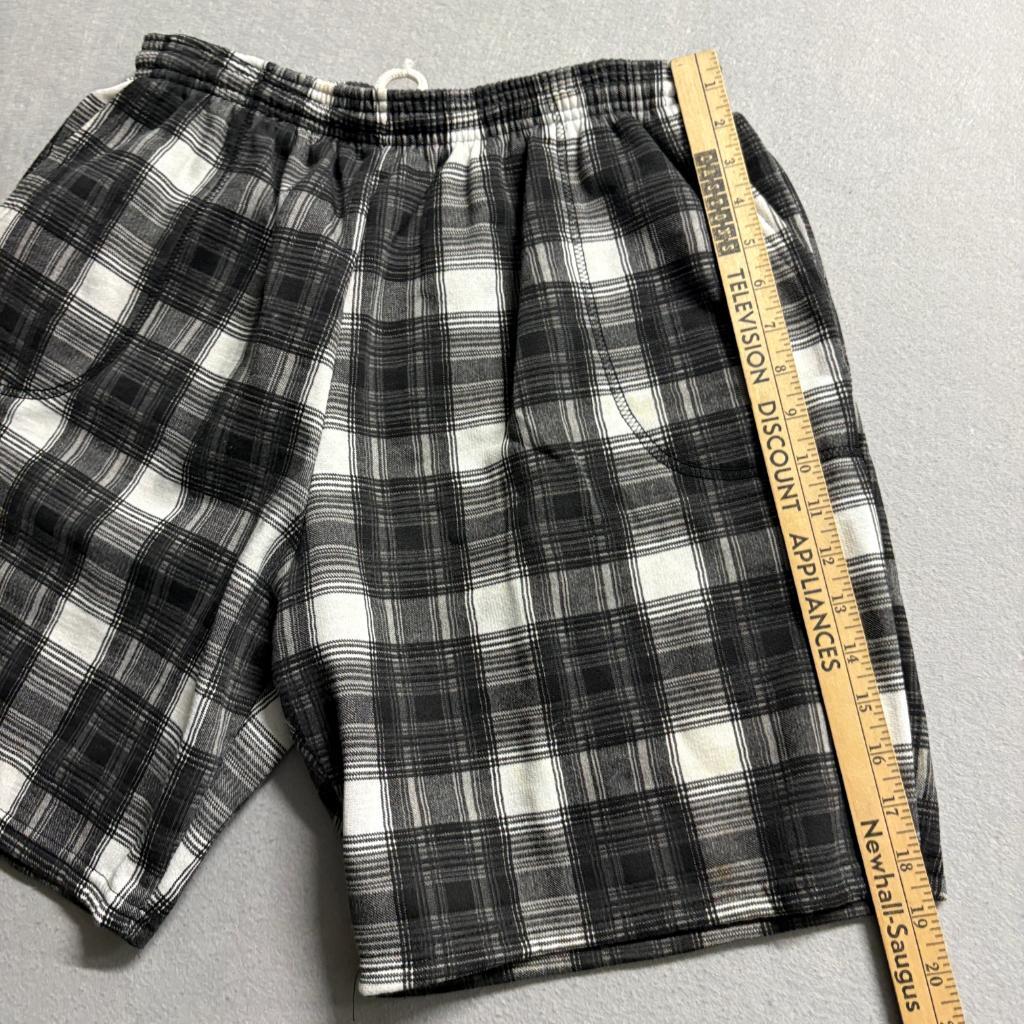Vintage Ikstar Plaid Fleece Shorts Mens XL Black White Made in USA Drawstring