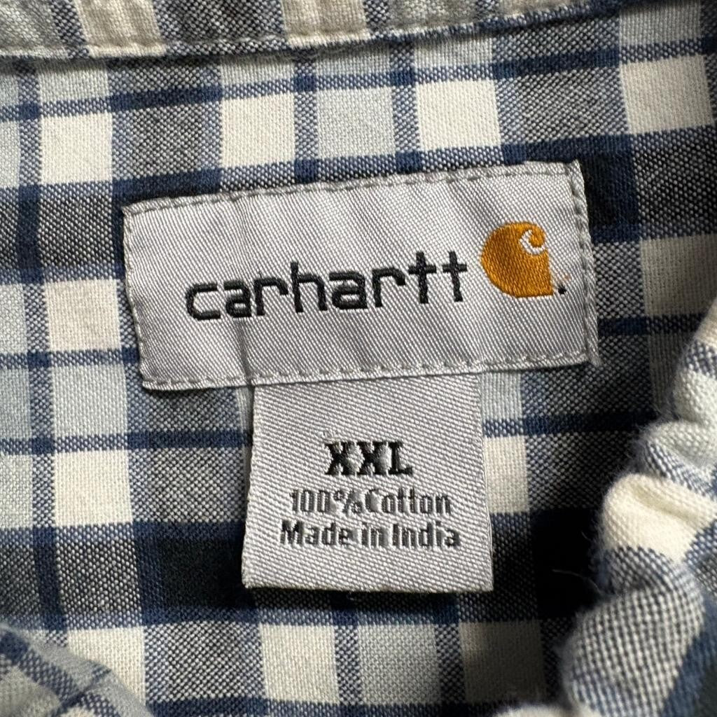 Carhartt Plaid Shirt Mens XXL Blue White Cotton Short Sleeve Button Down