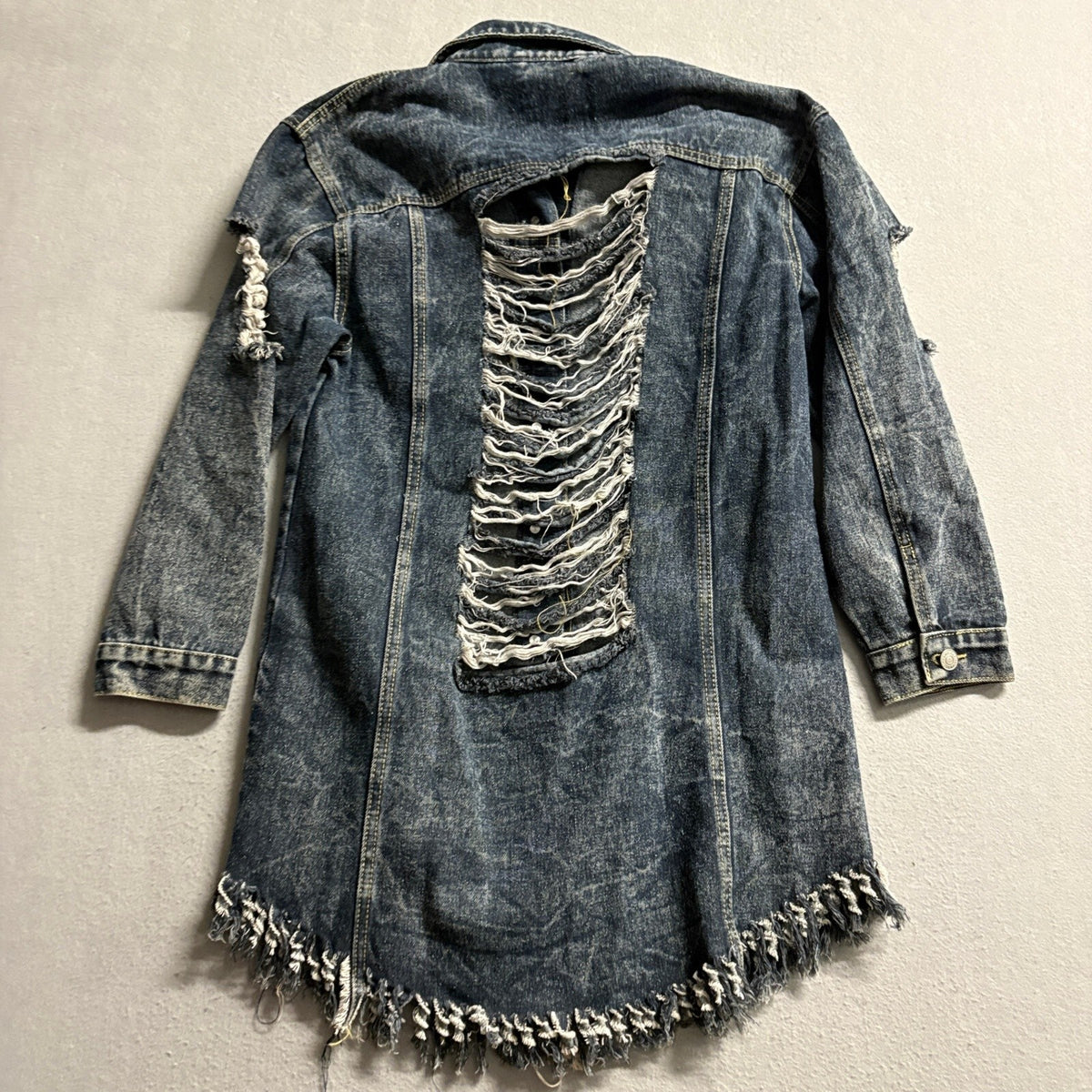 Thrill Jeans Denim Jacket Womens Small Blue Distressed Frayed Longline Shacket