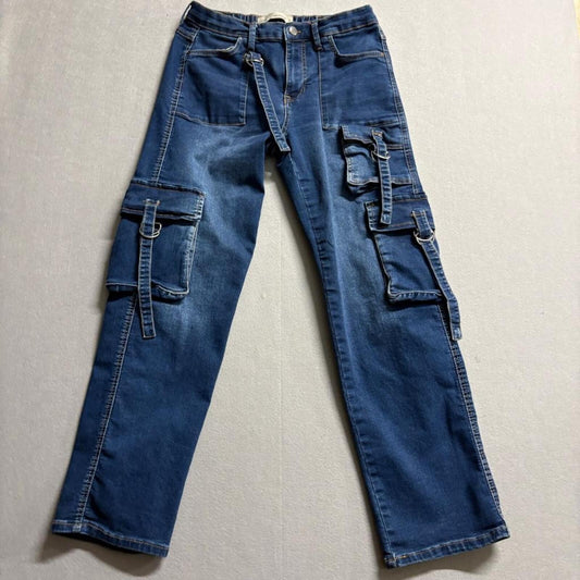 Love Tree Trends Cargo Jeans Womens Size 9 Blue Denim Utility Pockets Stretch