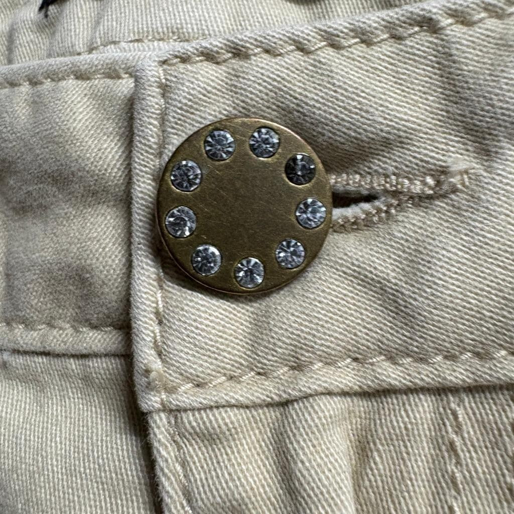 Baccini Womens Crop Pants 12P Beige Cotton Blend Rhinestone Button Capris