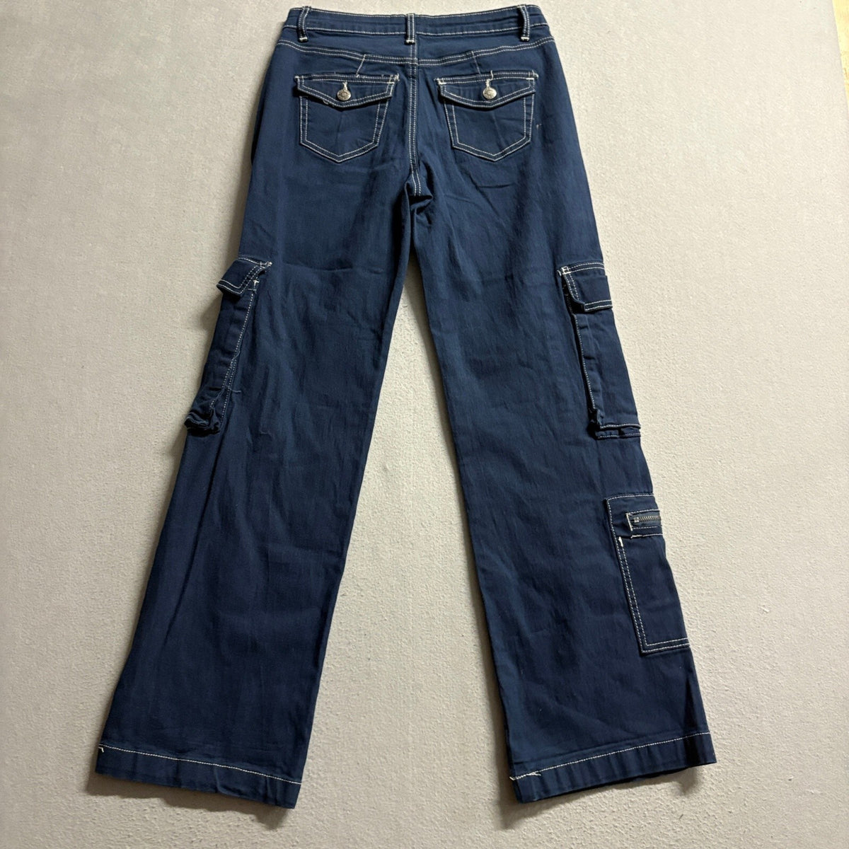 Hot Kiss Cargo Pants Womens 5 Navy Blue Mid Rise Wide Leg Contrast Stitch Y2K