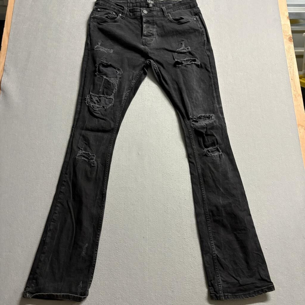 boohooMAN Mens Distressed Flare Jeans 36x34 Black Ripped Denim Pants