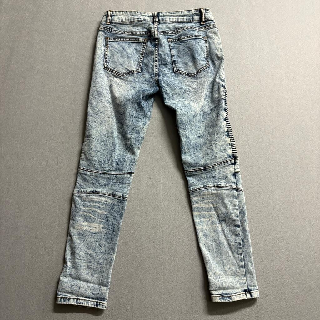 The Style Between Us Moto Jeans Mens 9 Acid Wash Blue Denim Biker Ribbed Stretch