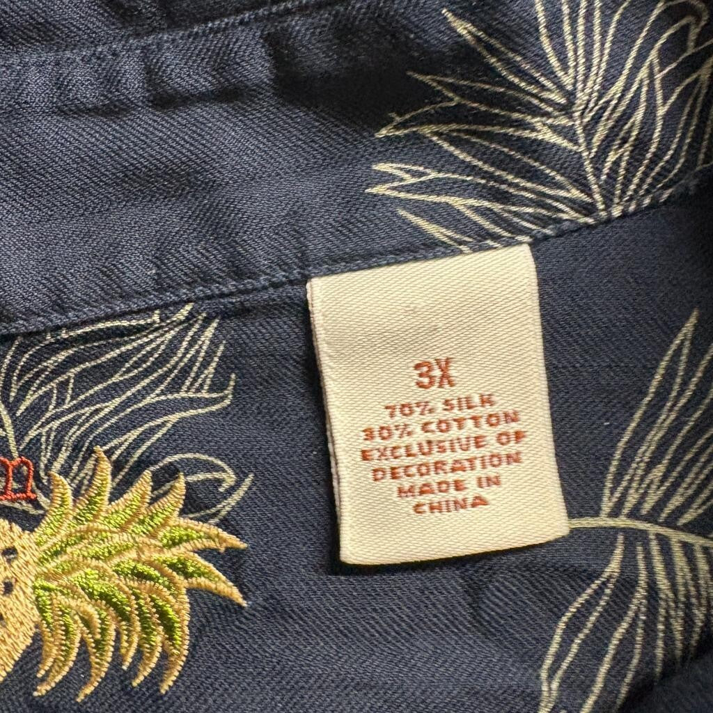 Caribbean Silk Blend Hawaiian Shirt Mens 3X Navy Blue Floral Tropical Camp