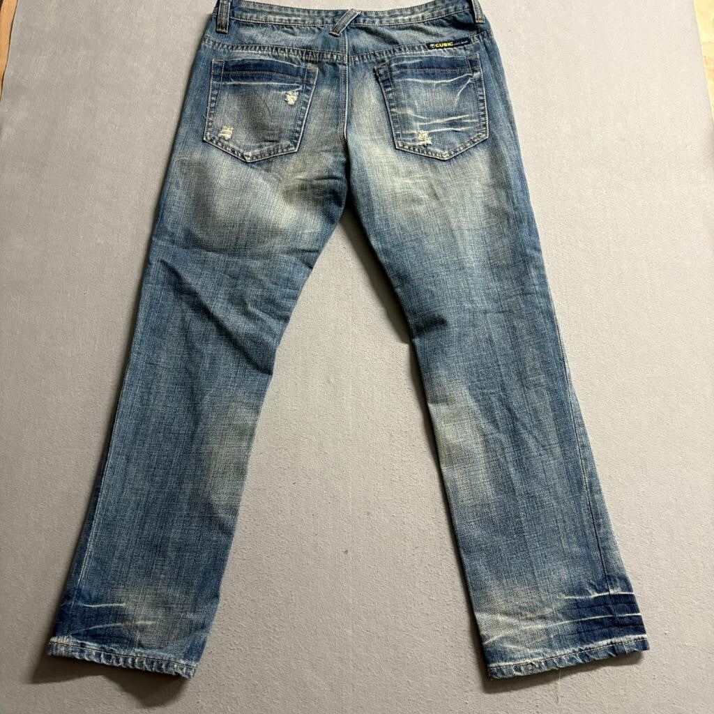 Cubic Product Jeans Mens XL Blue Denim Straight Leg Whiskered 100% Cotton