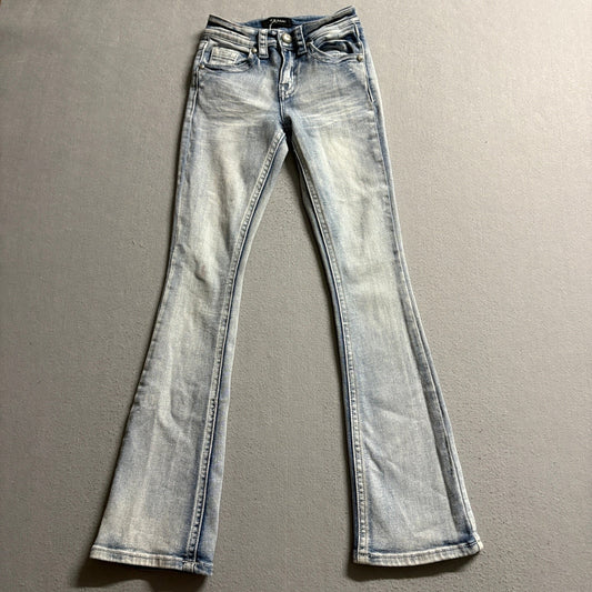 Fre & Rain Womens Bootcut Flare Jeans Size 00 Light Wash Rhinestone Pocket Cross
