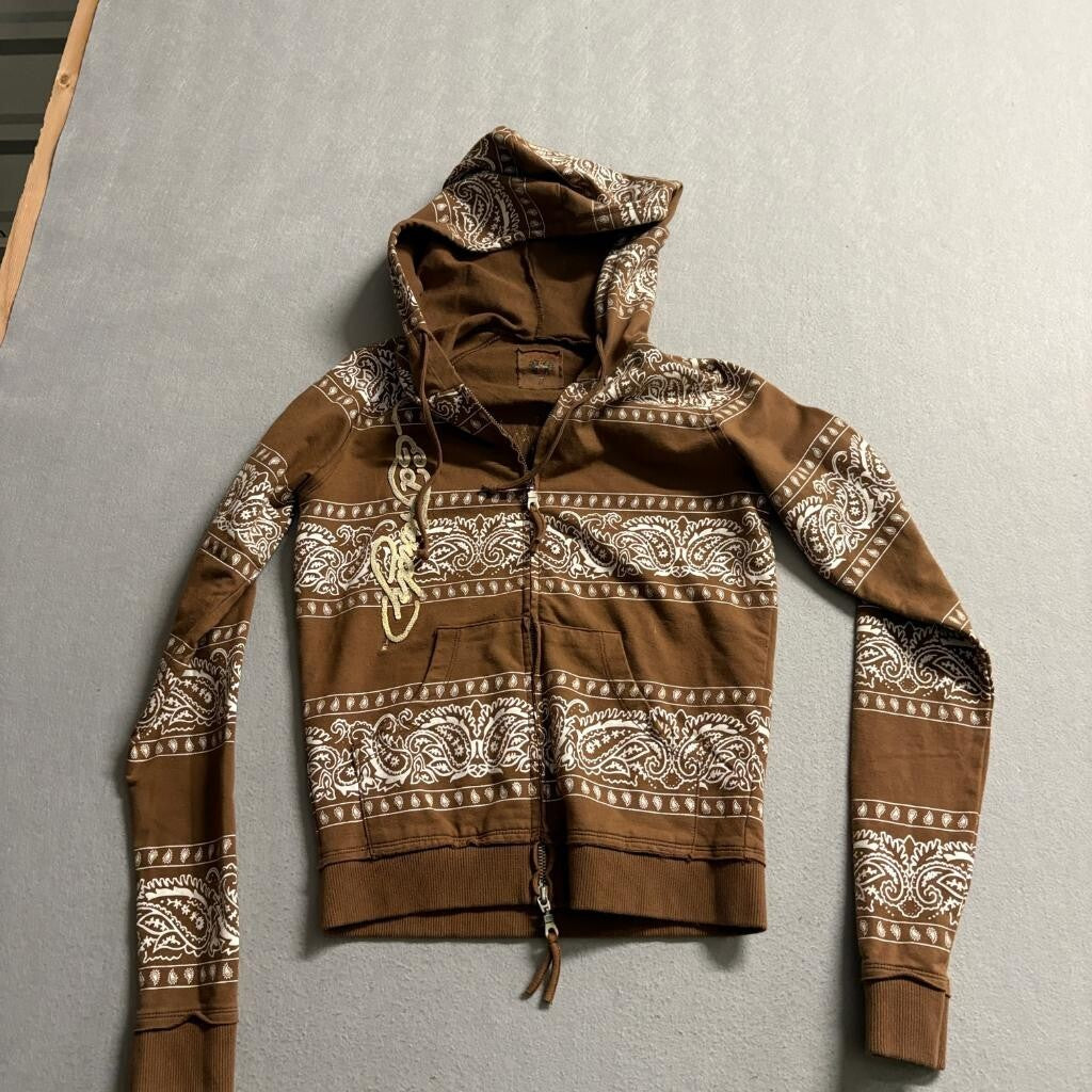 Ed Hardy Hoodie Womens Medium Brown Paisley Bandana Tiger Full Zip Sweatshirt
