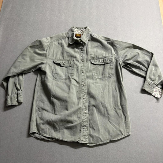 High Sierra Womens Medium Green Twill Button Up Shirt Floral Trim Long Sleeve