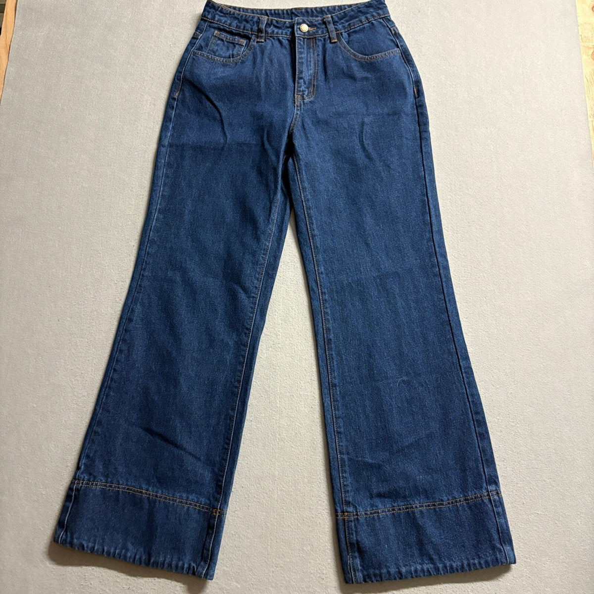 SHEIN Wide Leg Jeans Womens Tall Medium Dark Wash High Rise Denim Cuffed Hem