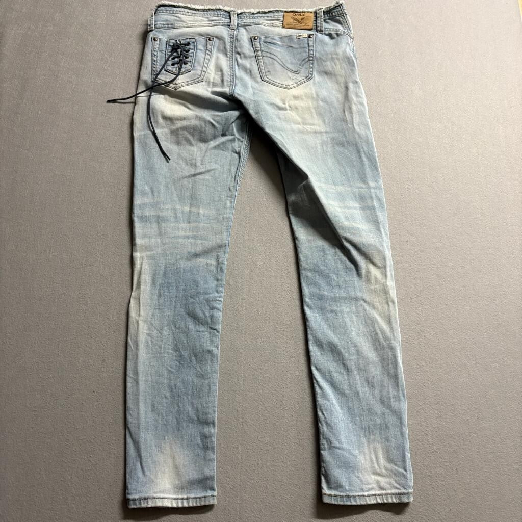 Only Jeans Womens 30 Light Wash Distressed Low Rise Skinny Lace Up Back Pocket