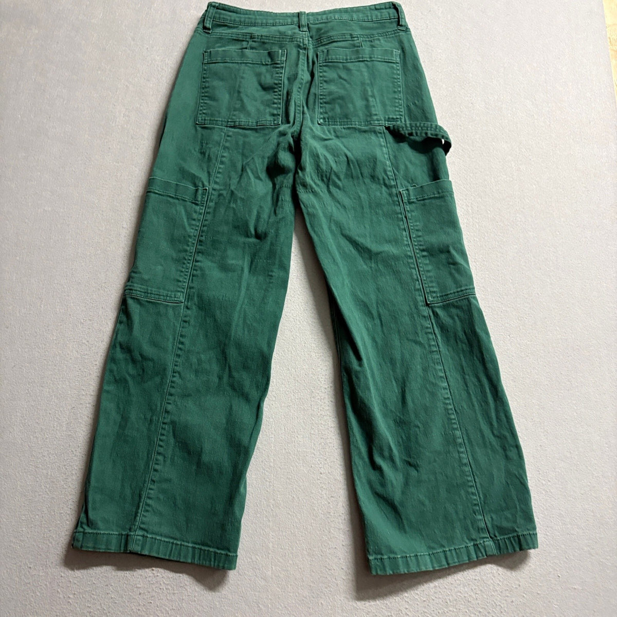 Womens Green High Waist Carpenter Utility Cargo Pants Straight Leg Size 28x26