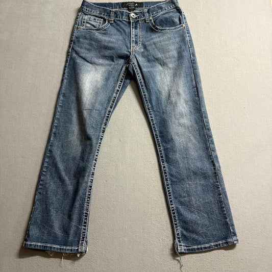True Luck Jeans Mens 30x30 Blue Denim Thick Stitch Straight Leg Frayed Hem