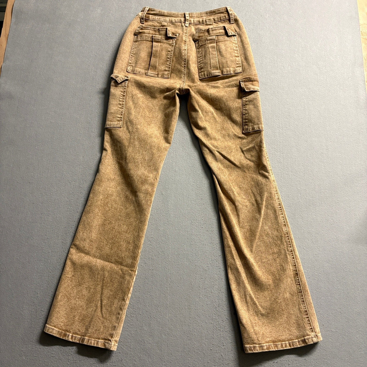 Flaming Als Womens Flare Cargo Jeans Sz Small Brown Mineral Wash Stretch Y2K