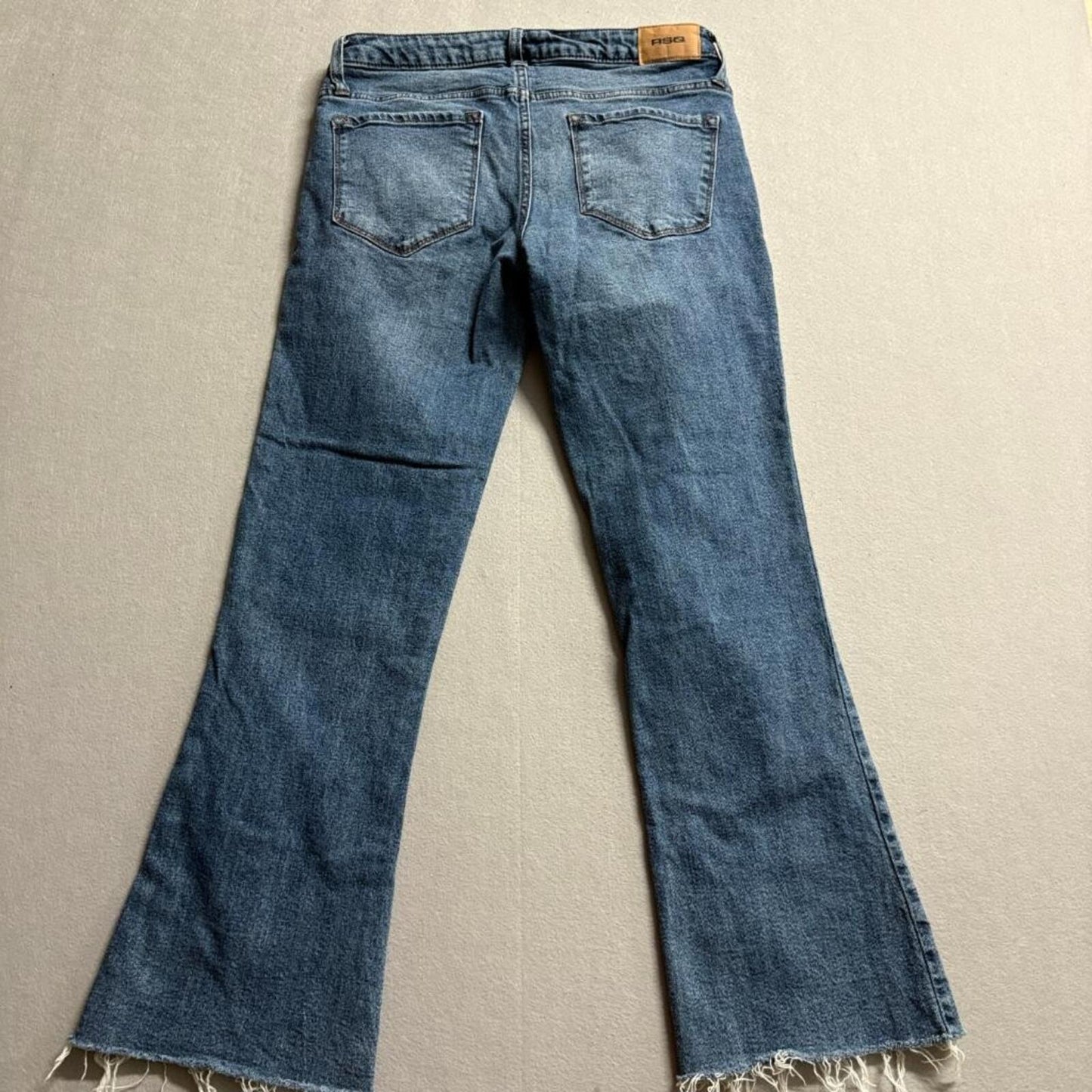 RSQ Low Rise Flare Jeans Womens 27 Blue Denim Raw Hem Stretch Comfort