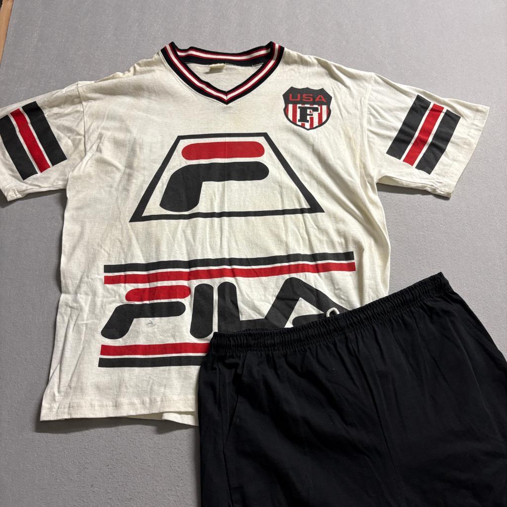 Vintage Fila USA T-Shirt and Shorts Set Mens XL White Black Cotton Made in USA