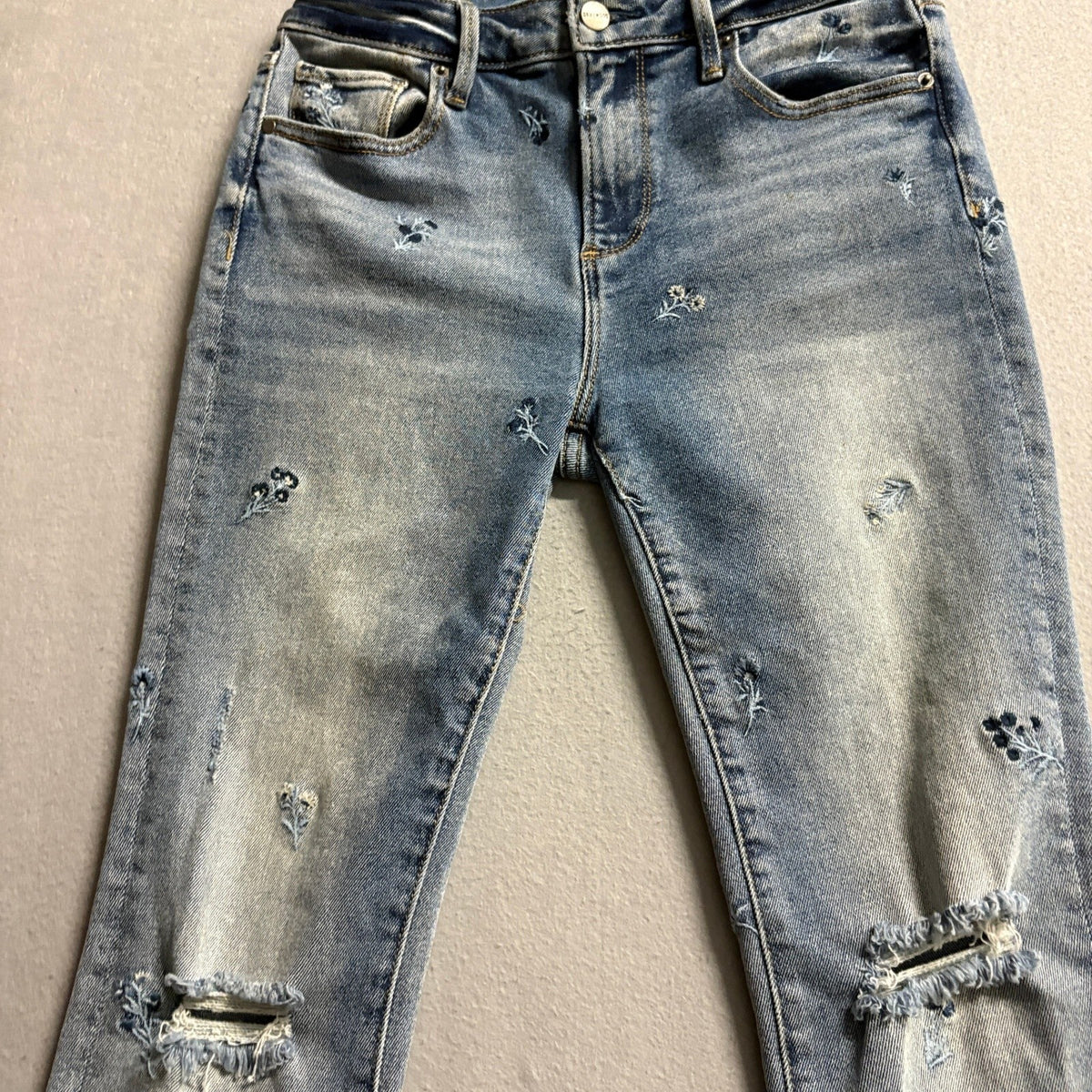 Driftwood Audrey High Rise Embroidered Distressed Jeans Womens 26 Blue Floral